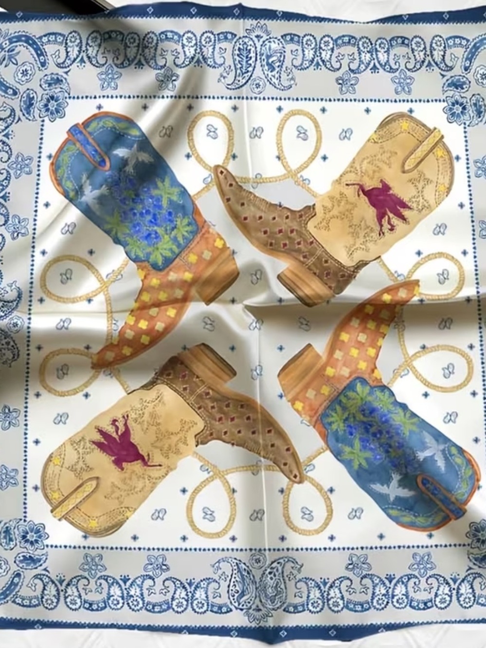 Western Cowboy Boots Print Silky Scarf in Cream, Blue and Tan 19” x 19”